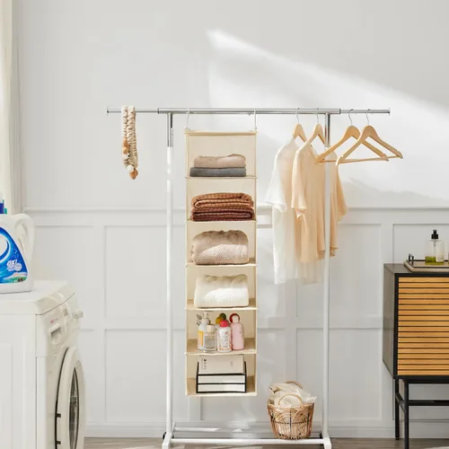 Miniatura 7 de MAX Houser Organizador colgante de armario de 6 niveles, estante colgante de tela con 2 ganchos resistentes para almacenamiento, plegable (beige)