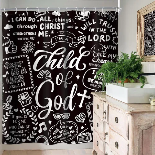 Miniatura 4 de Cortina de ducha para niños, en blanco y negro, versículo bíblico cristiano, citas inspiradoras abstractas, citas inspiradoras, divertidas
