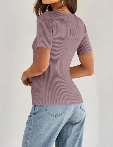 Miniatura 4 de ZESICA Women's 2024 Short Sleeve Square Neck T Shirts Slim Fitted Summer Ribbed Knit Basic Casual Tee Tops