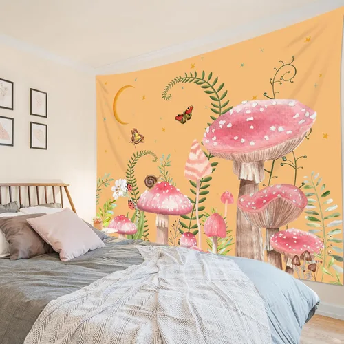 Miniatura 32 de LB Tapiz de hongos para colgar en la pared, luna y estrella en beige, tapiz de pared para dormitorio, estética de planta verde, arte de pared
