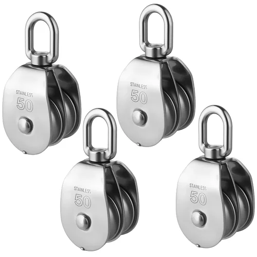Miniatura 11 de Rocaris Paquete de 2 bloques de polea doble de elevación M50 304 Grúa de acero inoxidable Gancho giratorio de doble polea de carga de rodillos