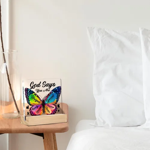 Miniatura 5 de Regalo cristiano inspirador para mujeres, hija, hermana, amigas, regalos religiosos, letrero de escritorio transparente de mariposa con texto