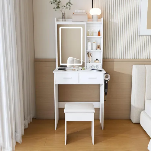 Miniatura 10 de Runboll Small Vanity Desk with Mirror and Lights, Makeup Vanity Table Set with Power Outlet, Drawer Storage, Stool, Adjustable LED Lighting
