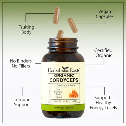 Miniatura 4 de Herbal Roots Organic Cordyceps - Cápsulas de hongos con extracto corporal fructífero - Apoyo inmunológico y energético - 60 cápsulas veganas