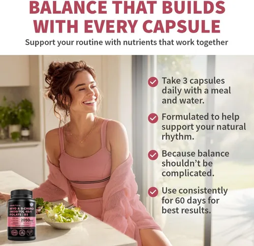 Miniatura 7 de Myo-inositol 40:1 para mujeres – Suplemento de inositol con mio y D-Chiro inositol, folato y vitamina D3 – Cápsulas veganas para rutina diaria