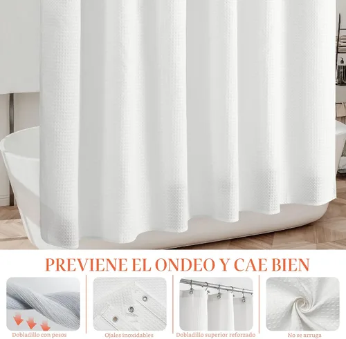 Miniatura 3 de Barossa Design Cortina de ducha blanca con tejido gofre, calidad de lujo, cortinas de ducha de tela para baño, tela con patrón de piqué, repelente