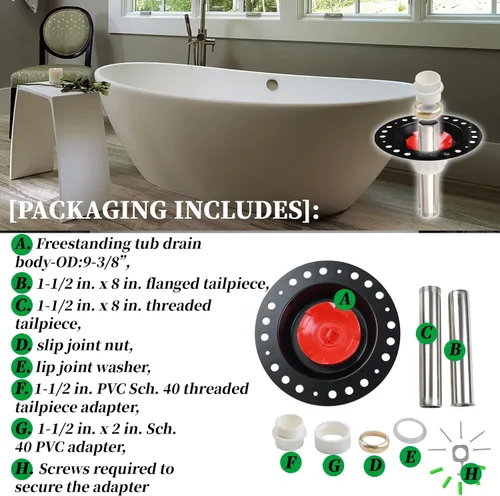 Miniatura 5 de Kit de bañera independiente con tubo de cola de acero inoxidable y adaptador de PVC compatible con todas las bañeras independientes, bañeras