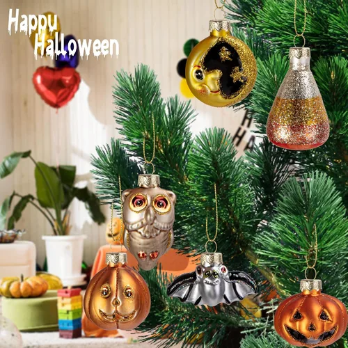 Miniatura 4 de Deloky 6 adornos colgantes de vidrio soplado de Halloween, decoración de Halloween, decoración de árbol de vidrio, adornos de Halloween, murciélago