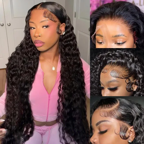 Miniatura 14 de Wingirl - Pelucas de cabello humano con malla frontal transparente HD de 13 x 4, densidad del 180 %, pre-sacado con pelo de bebé, sin pegamento, 13