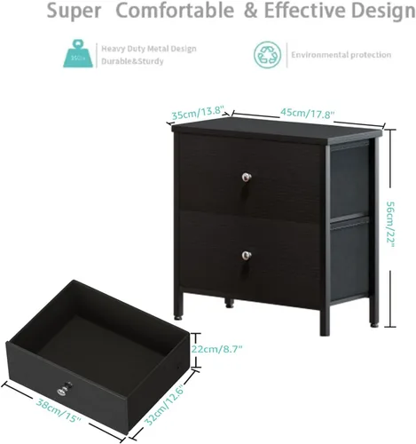 Miniatura 3 de BOLUO Mesita de noche negra cómoda de 2 cajones para dormitorio, mesita de noche pequeña mesa auxiliar con cajones de tela, moderna