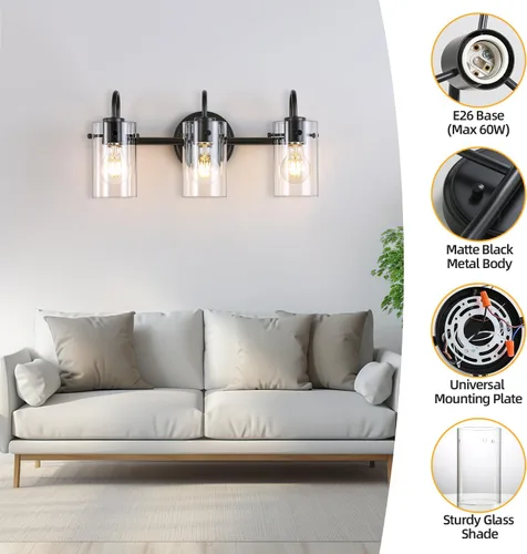 Miniatura 3 de 3 luces de tocador, lámparas de pared de baño negro mate sobre el espejo, aplique de pared moderno con pantalla de vidrio transparente, lámpara