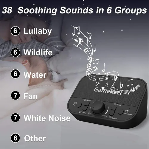 Miniatura 5 de Máquina de sonido de ruido blanco para dormir, 38 sonidos sin bucle, doble altavoz, temporizador alimentado por USB, máquina portátil de terapia
