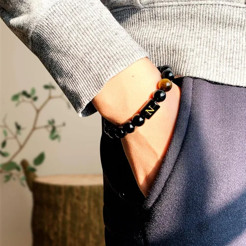 Miniatura 72 de SUMMER LOVE Regalos para el Día del Padre, pulsera con inicial de piedra de ónix negro de 0.394 pulgadas para hombres, pulsera de cuerda trenzada