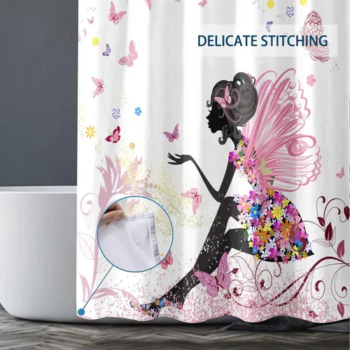 Miniatura 5 de Juego de 4 cortinas de ducha con diseño de hada de flores y mariposas para baño, tapete de contorno para baño, cubierta de inodoro, tela