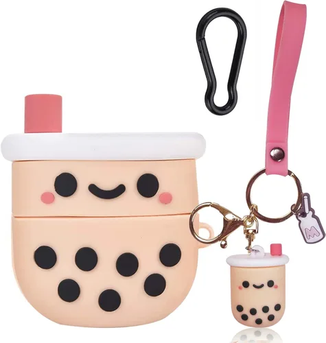 Miniatura 7 de Funda protectora de silicona para Airpods con llavero, diseño de té con leche Boba rosa femenino, a prueba de golpes, compatible con AirPods 1 y 2