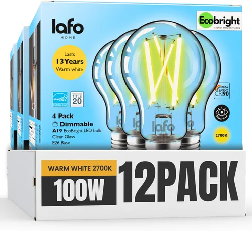 Miniatura 14 de EcoBright - Paquete de 4 bombillas de filamento LED A19 regulables, 10 W, equivalente a 100 W, 1100 lúmenes, blanco cálido, 2700 K, base E26, CRI90