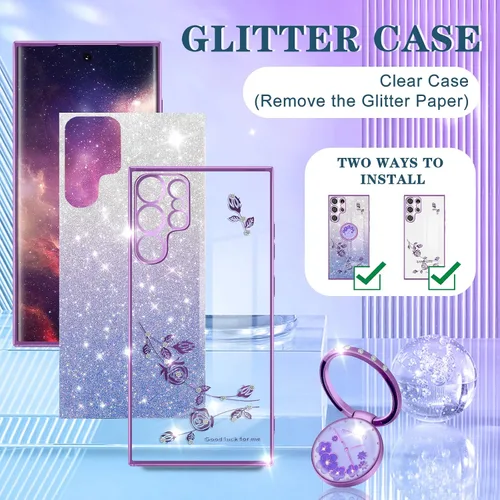 Miniatura 4 de Funda para Samsung Galaxy S22 Ultra con purpurina brillante para mujeres y niñas, cubierta de teléfono morada, diseño floral con anillo de flores