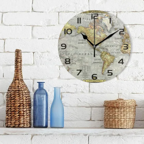 Miniatura 3 de Reloj de pared redondo con mapa del mundo vintage, silencioso, sin tictac, diseño de números arábigos retro, para el hogar, oficina, escuela, arte