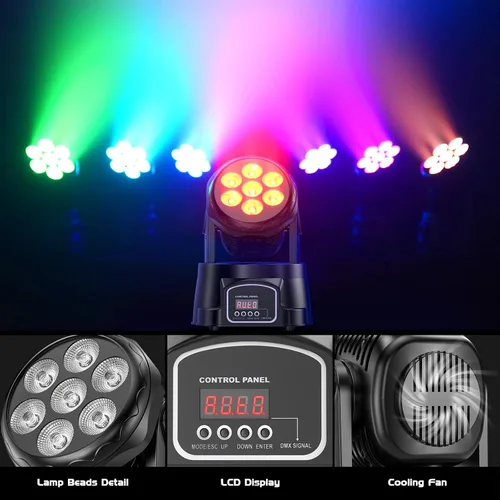 Miniatura 3 de U`King Luz de cabeza móvil RGBW LED Efecto de iluminación de escenario, 7 x 10 W, cabezales móviles, luces de lavado por DMX y control remoto