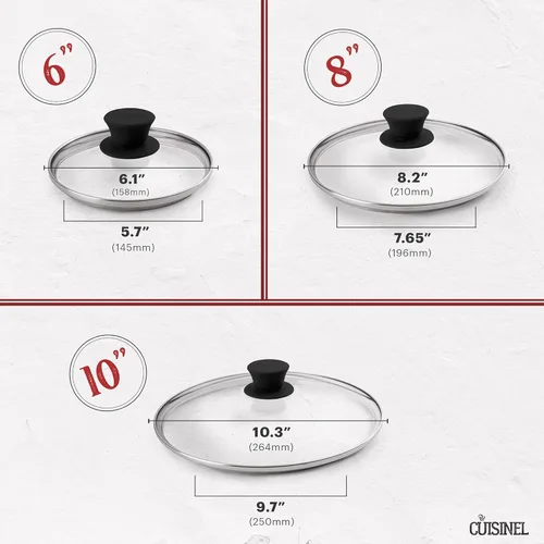 Miniatura 5 de Cuisinel Juego de sartenes de hierro fundido, 6 + 8 + 10 pulgadas + tapas de vidrio + fundas de soporte de mango de silicona - Sartén pre-sazonada