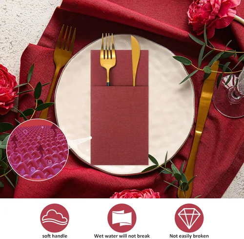 Miniatura 6 de Cindeer 75 piezas de servilletas de lino burdeos para cena con bolsillo plano incorporado, preplegadas, servilletas de papel desechables airlaid