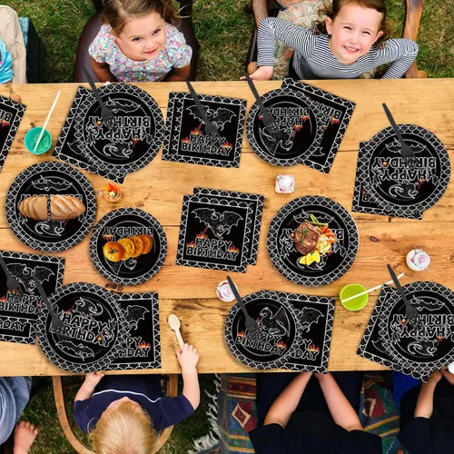 Miniatura 4 de 96 Piezas Decoraciones de Fiesta de Cumpleaños de Dragón Negro Vajilla de Mesa para Fiestas de Dragón Vajilla Desechable de Papel Platos de Postre