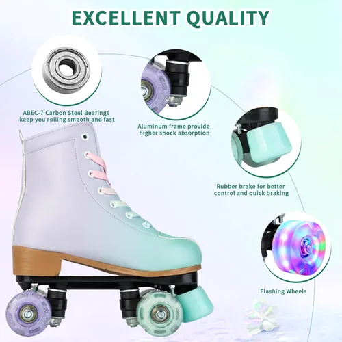 Miniatura 6 de Gets Patines altos para mujer, piel sintética, cuatro ruedas, doble fila, brillante, para interiores y exteriores Destello verde púrpura