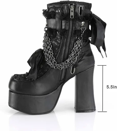Miniatura 3 de MSYINGL Botas de plataforma para mujer, botas de tobillo gruesas con cremallera lateral, con cadena y corbatín, botas góticas punk de moda
