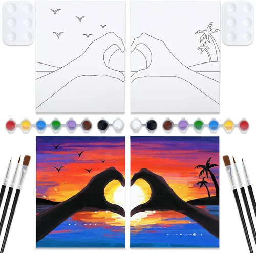 VOCHIC Kit de pintura para sorbos y pinturas, lienzo predibujado para parejas, kit de pintura para adultos, citas, noche, atardecer, corazón,
