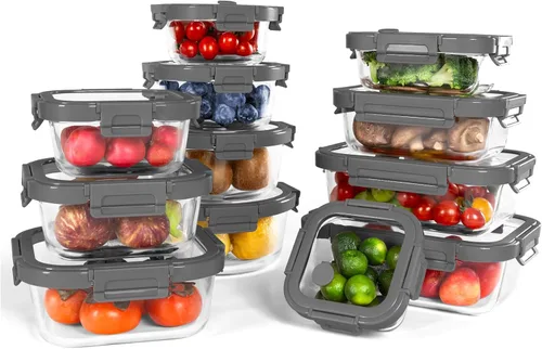 Miniatura 12 de Paquete de 12 recipientes de vidrio con tapas templadas, borosilicato, aptos para horno (-4 °F ~ 950 °F), herméticos, sin BPA, varios tamaños