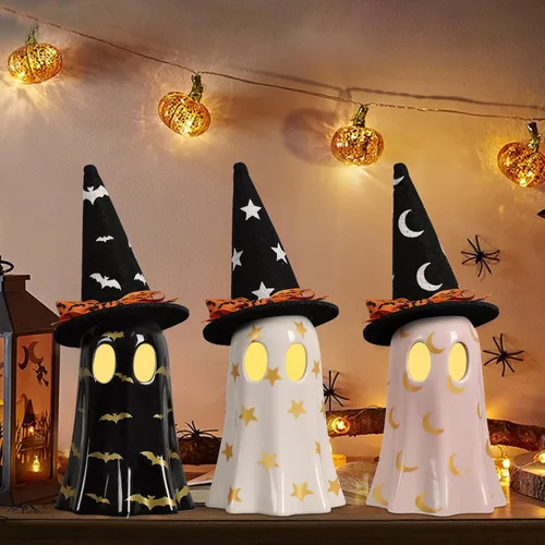 DAZONGE Decoración de Halloween para interiores, juego de 3 fantasmas de cerámica con sombreros de bruja, bonitas figuras de fantasmas espeluznantes