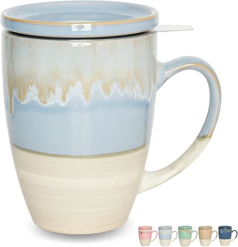 Miniatura 10 de Bosmarlin Taza de té de cerámica con infusor y tapa, 13.5 onzas, 5 colores a elegir, apta para lavavajillas y microondas, esmalte reactivo, taza