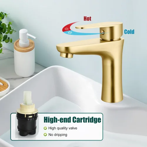Miniatura 7 de Heyalan Grifo de lavabo de baño dorado cepillado, grifo de tocador de un solo orificio con drenaje desplegable, mangueras de agua fría y caliente