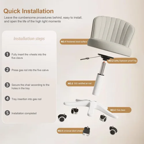 Miniatura 4 de Silla pequeña redonda de escritorio con ruedas, cómoda silla de tocador para computadora con respaldo bajo, piel sintética, altura ajustable, Gris
