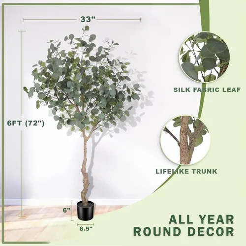 Miniatura 2 de LYERSE Árbol de eucalipto artificial de 6 pies en maceta de vivero de plástico, tallos altos de eucalipto sintético, plantas falsas con 846 hojas
