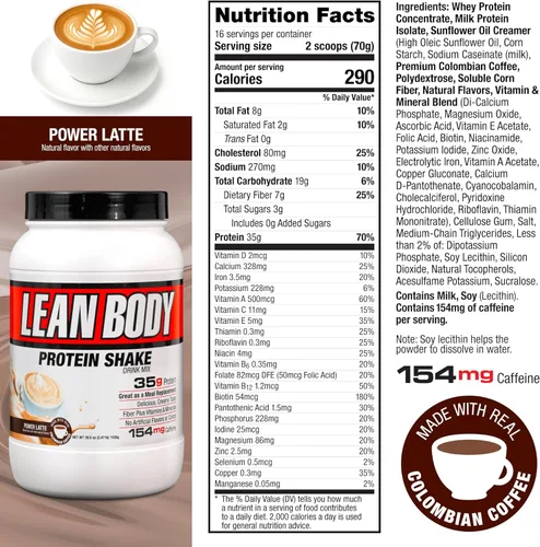 Miniatura 5 de Labrada Lean Body MRP con café colombiano premium (154 mg de cafeína), Power Latte, envase de 2.47 libras