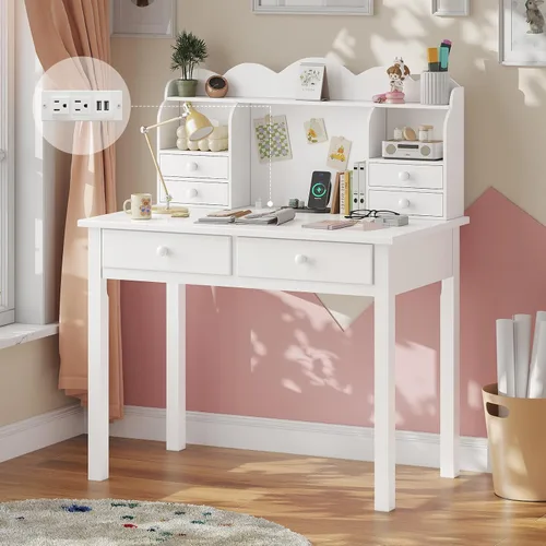 ADORNEVE Pequeño Escritorio Blanco con Estante Superior y Puertos USB, Escritorio de Oficina en Casa de 31.5 Pulgadas con Cajones, Mesa de Estudio