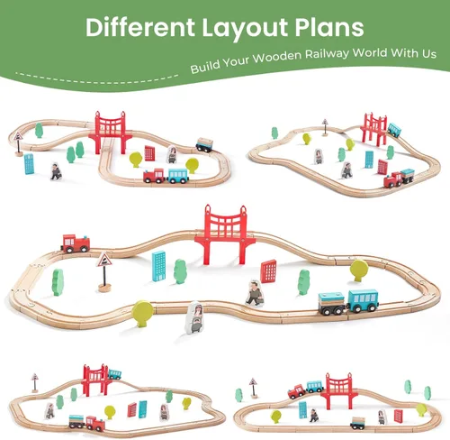 Miniatura 5 de Tiny Land Juego de tren de madera para niños pequeños, 39 piezas, con pistas de madera compatibles con las principales marcas, juguete de tren