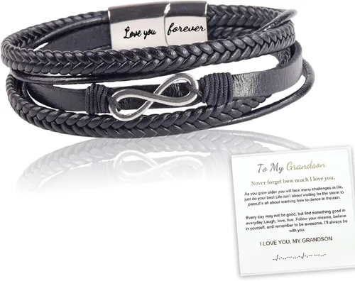Miniatura 13 de Pulsera de cuero trenzado con texto en inglés «Love You Forever» para hombres y niños, pulsera inspiradora de acero inoxidable, pulsera de cuero