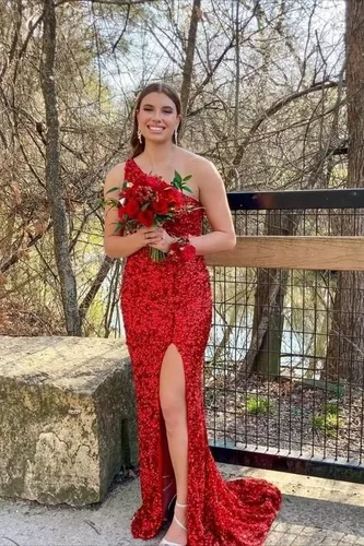 Miniatura 8 de Rjer One Shoulder Prom Dresses 2023 Sequin Formal Dresses Long Evening Gowns Slit Wedding Party Dresses