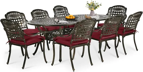 Miniatura 10 de Juego de comedor de patio de 9 piezas, mesa y sillas de patio al aire libre, mesa de comedor ovalada de aluminio fundido de 84 pulgadas con agujero