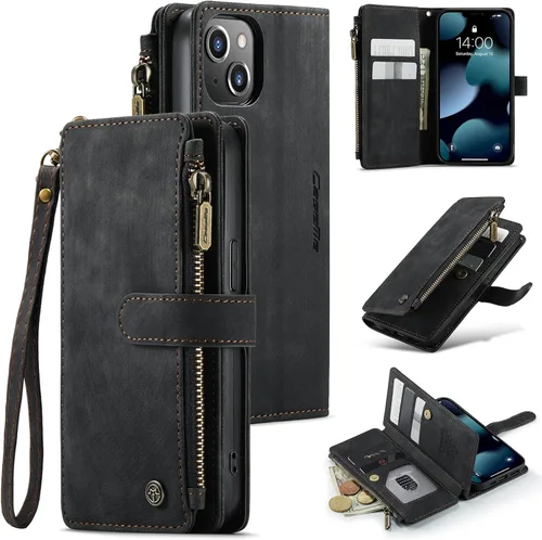 Miniatura 12 de Funda compatible con iPhone 13 Pro Max 5G con tarjetero y función atril magnético, con cremallera, bolsillo, correa de muñeca, funda de cuero