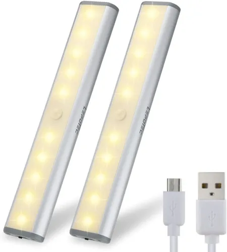 [Versión mejorada] 10 luces LED de armario recargables por USB con sensor de movimiento, 3 modos de luz (G, encendido y apagado), carcasa de Luz