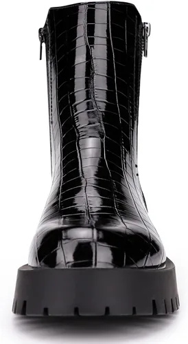 Miniatura 4 de ISOMEI Botines negros de cocodrilo para mujer botas de combate con cremallera y plataforma de charol