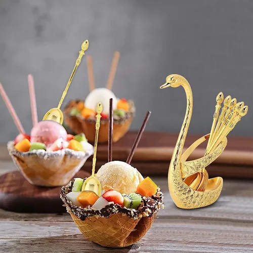 Miniatura 5 de Juego de cucharas de postre de café, soporte de base de cisne, organizador de cuchara con 6 cucharas para café, frutas, postres, mezcla, azúcar