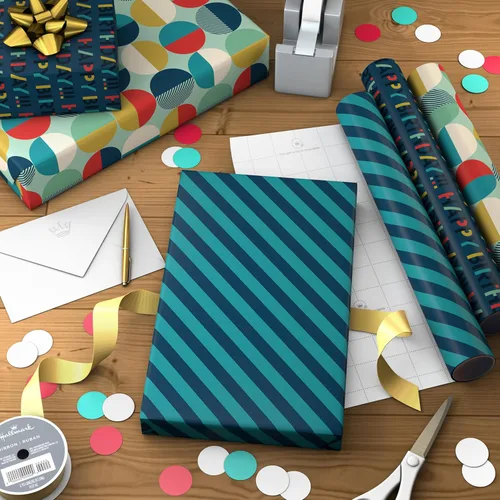 Miniatura 3 de Hallmark Mini rollos de papel de regalo de cumpleaños, paquete de 3 unidades (rayas azul marino y verde azulado, círculos mod naranja y amarillo)