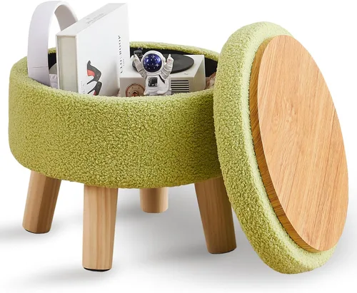 Miniatura 16 de Wimarsbon Otomana de almacenamiento, moderno reposapiés redondo con asiento acolchado suave, reposapiés de terciopelo teddy con patas de madera