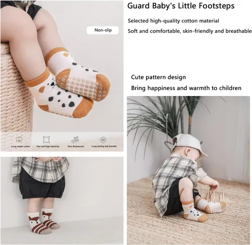 Miniatura 6 de Calcetines antideslizantes de algodón para bebé, estilo tobillo para niñas y niños, niños pequeños, 5 pares