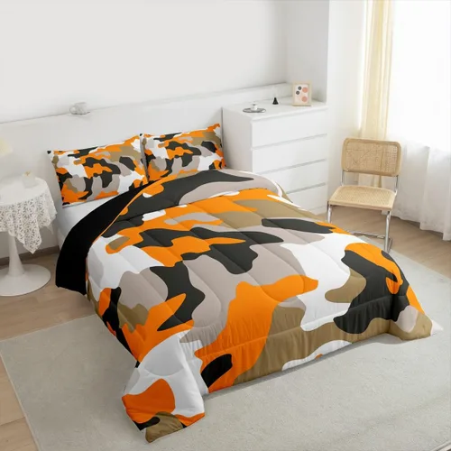 Miniatura 3 de Feelyou Juego de edredón de camuflaje naranja para niños, tamaño individual, juego de ropa de cama de camuflaje estilo militar para niños y niñas