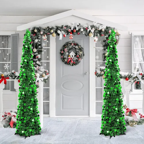 Miniatura 6 de Aoriher Árbol de Navidad de Oropel Verde Preiluminado Emergente de 5 pies, Decoración Reutilizable Plegable Artificial con Lentejuelas, Árbol